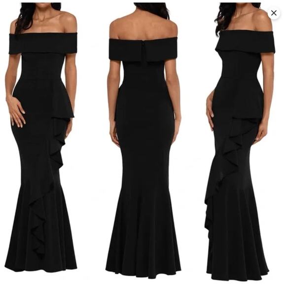 Betsy & Adam Off the Shoulder Ruffle Black Mermaid Maxi Gown Size 4 - Picture 1 of 12